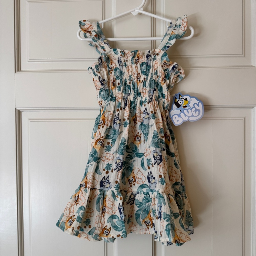 Bluey Dress Size (2T) Girls Ruffle Hem and Straps Tropical Leaf Island Vibe NEW